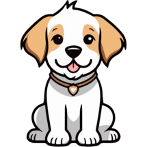 Fröhlicher gezeichneter Hund mit braunen Ohren und Halsband auf transparentem Hintergrund.