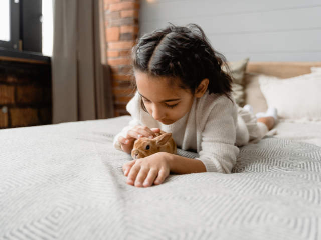 Junges Mädchen liegt auf Bett und hält liebevoll ein braunes Kaninchen in den Händen