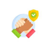 Illustration von drei verbundenen Händen mit Schutzschild – steht für Vertrauen, Teamarbeit und Zuverlässigkeit