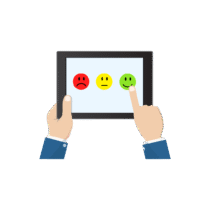 Zwei Hände halten Tablet mit Smiley-Feedbackskala von rot (traurig) über gelb (neutral) bis grün (zufrieden)