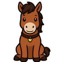 Cartoon-Pferd mit brauner Mähne und goldenem Herzanhänger – symbolisiert Freundschaft und Tiernähe