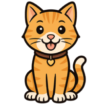 Orangefarbene Cartoon-Katze mit Herz-Halsband – freundlich, verspielt und charmant