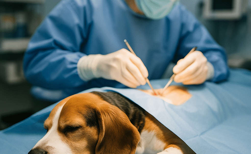 Beagle liegt unter Narkose auf Operationstisch, während Tierarzt mit OP-Maske und Skalpell operiert – Symbolbild für tierärztliche Eingriffe