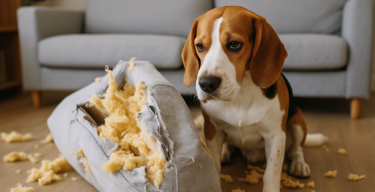 Hund vom Typ Beagle sitzt mit unschuldigem Blick neben einem zerfetzten Kissen auf dem Boden – Symbolbild für unerwünschtes Verhalten von Haustieren