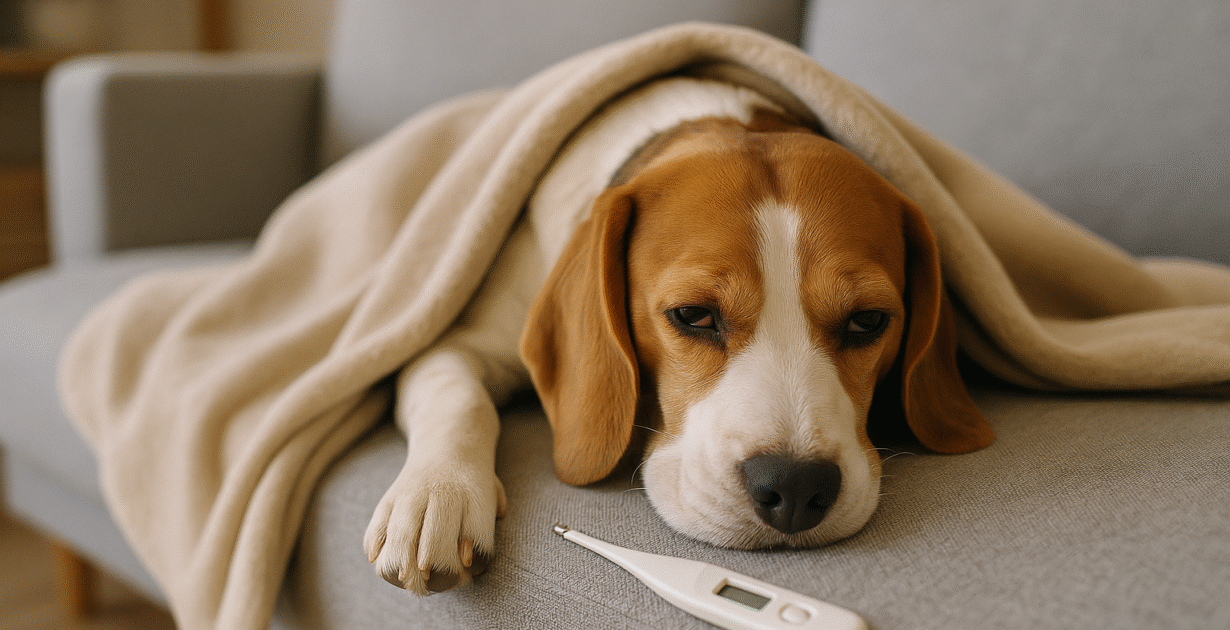 Müder Beagle liegt auf dem Sofa unter einer Decke mit Thermometer – Symbolbild für Krankheit oder Tierarztbesuch