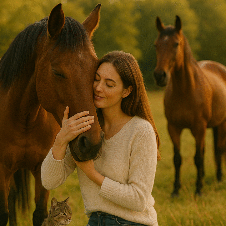 Frau kuschelt mit braunem Pferd auf der Wiese. Ein Symbol für Vertrauen, Naturverbundenheit und Tierliebe.