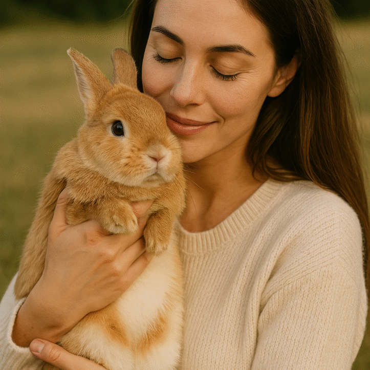 Frau hält ein braunes Kaninchen behutsam im Arm