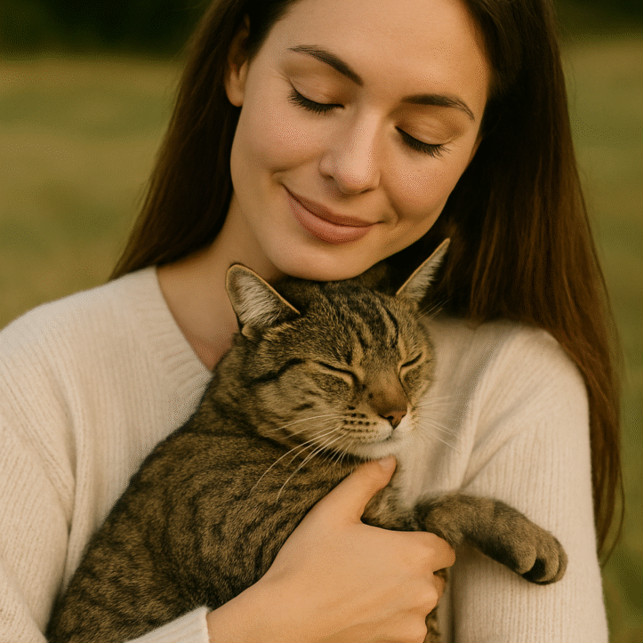 Frau hält eine getigerte Hauskatze liebevoll im Arm. Ein Symbol für Geborgenheit und Tierliebe.