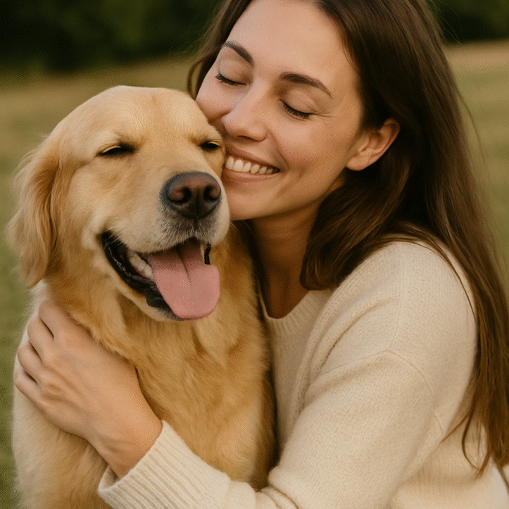 Frau umarmt glücklichen Golden Retriever im Freien.